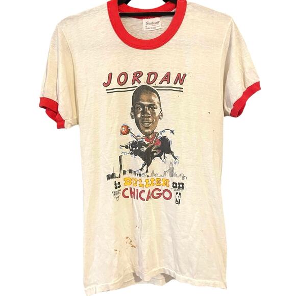 Vintage 80s Michael Jordan is Bullish on Chicago Single Stitch Ringer Shirt Med